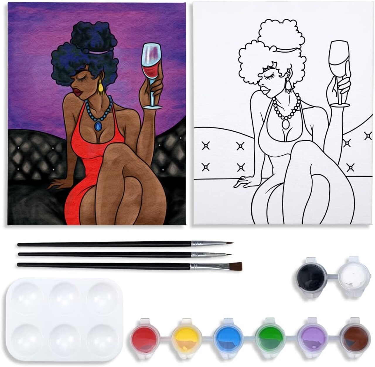Sip & Paint Pre Drawn Canvas Kit for Adults – 8x10 Inch Painting Set with 8 Acrylic Colors, 3 Brushes, Palette – Chic Girl Art Party Supplies for Painting Parties, Birthdays, & Art Classes (White)